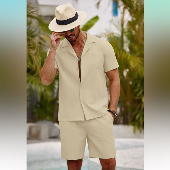 COOFANDY Men's 2 Piece Short Sleeve Button Down Shirt & Short Set!! NEW!!!☀️🏖️ - Picture 3 of 7
